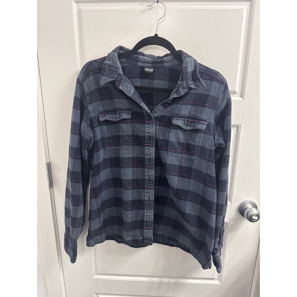Patagonia Womens Fjord Organic Cotton Flannel Shirt Blue Grey Plaid Size 12